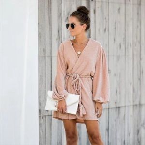 Vici- Storia Glittery wrap dress. Blush pink. long loose sleeves with rope belt.